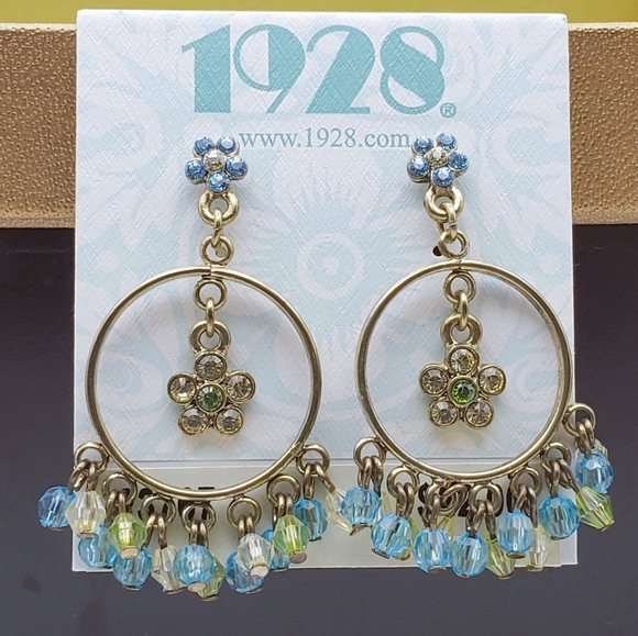 New (Old Stock) 1928 Rhinestone Hoop Floral Dangly Earrings - Picture 5 of 5